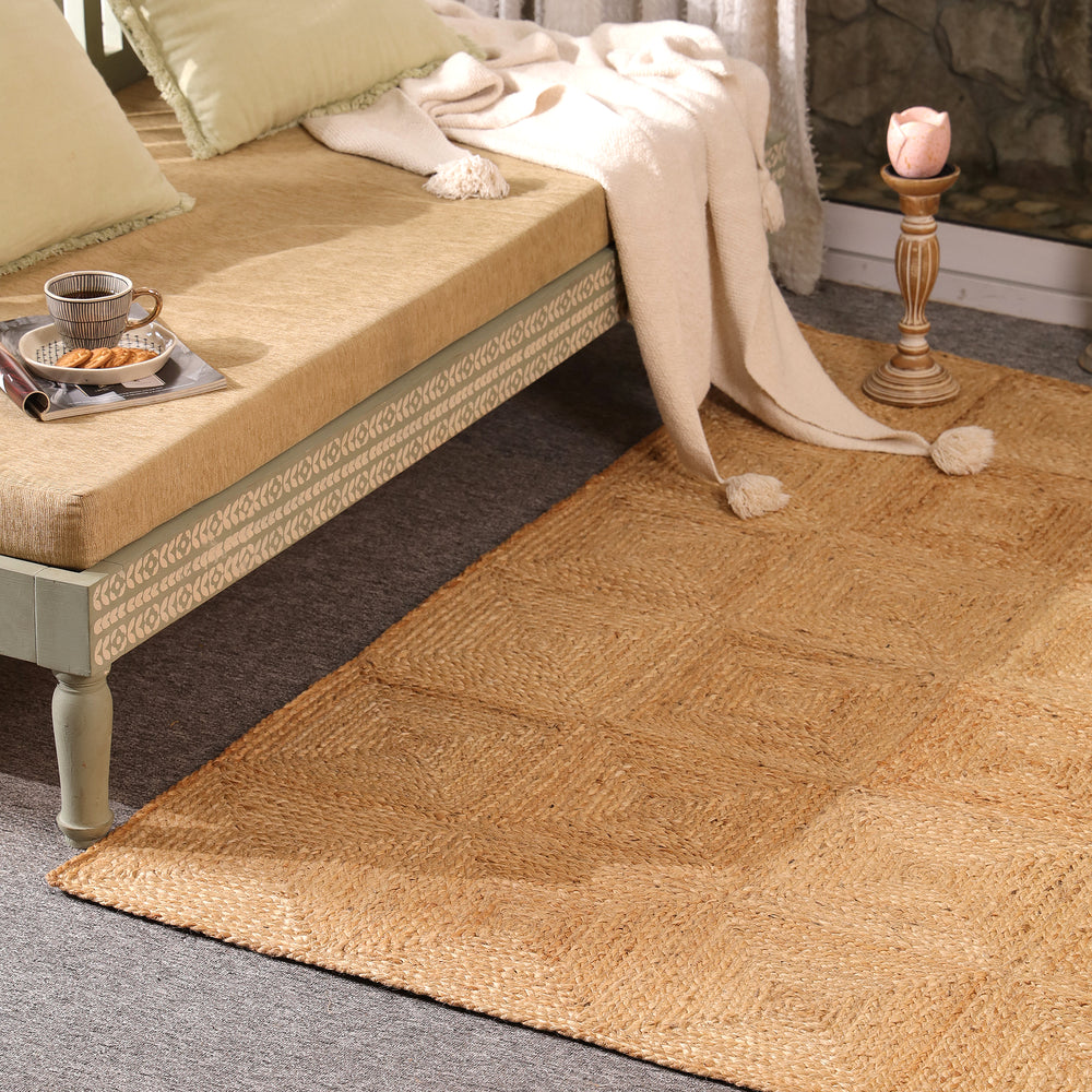 Handwoven Natural Jute Area Rug | Textured Geometric Handmade Rug | Eco-Friendly Modern Living Room Carpet