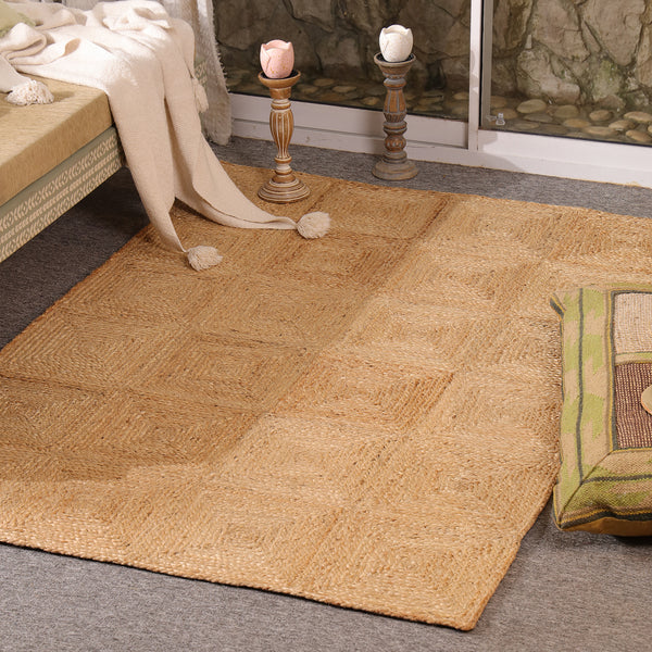 Handwoven Natural Jute Area Rug | Textured Geometric Handmade Rug | Eco-Friendly Modern Living Room Carpet
