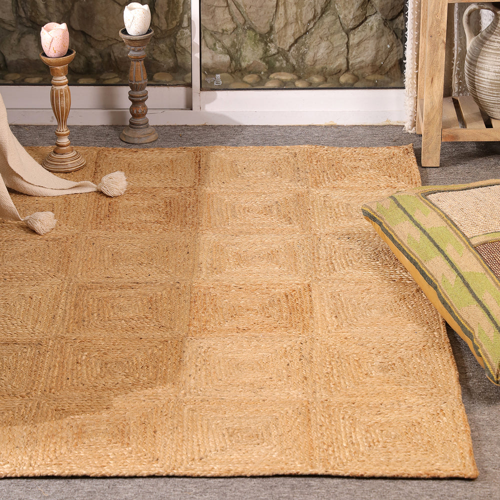 Handwoven Natural Jute Area Rug | Textured Geometric Handmade Rug | Eco-Friendly Modern Living Room Carpet