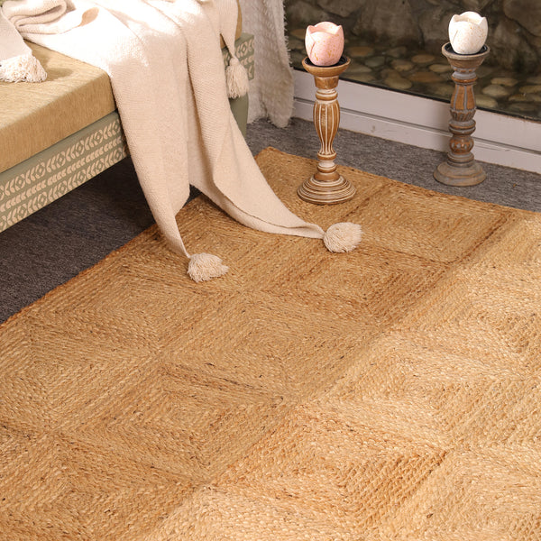 Handwoven Natural Jute Area Rug | Textured Geometric Handmade Rug | Eco-Friendly Modern Living Room Carpet