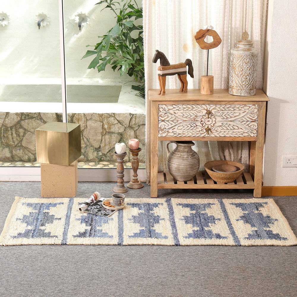 Blue & Ivory Handwoven Jute Rug | Modern Boho Area For Living Room