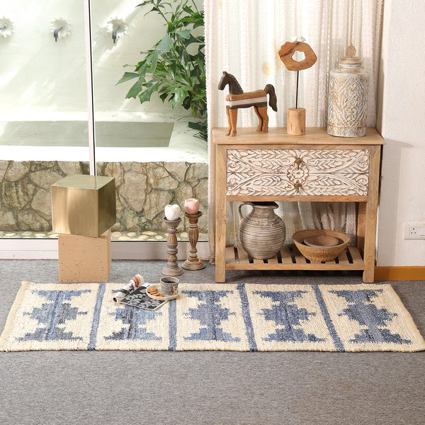 Blue & Ivory Handwoven Jute Rug | Modern Boho Area For Living Room