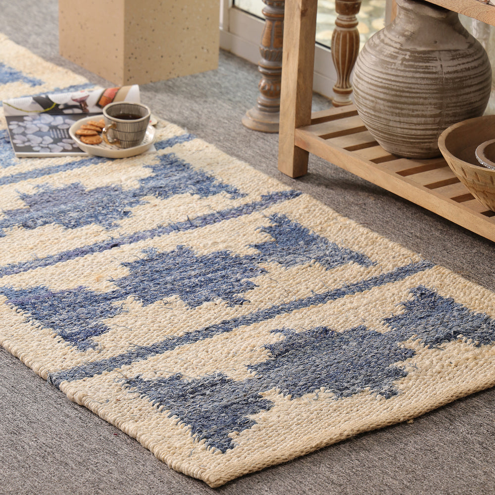 Blue & Ivory Handwoven Jute Rug | Modern Boho Area For Living Room