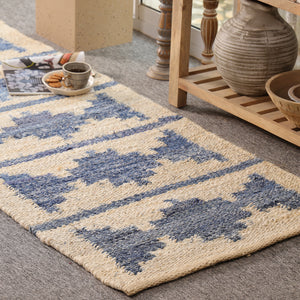 Blue & Ivory Handwoven Jute Rug | Modern Boho Area For Living Room