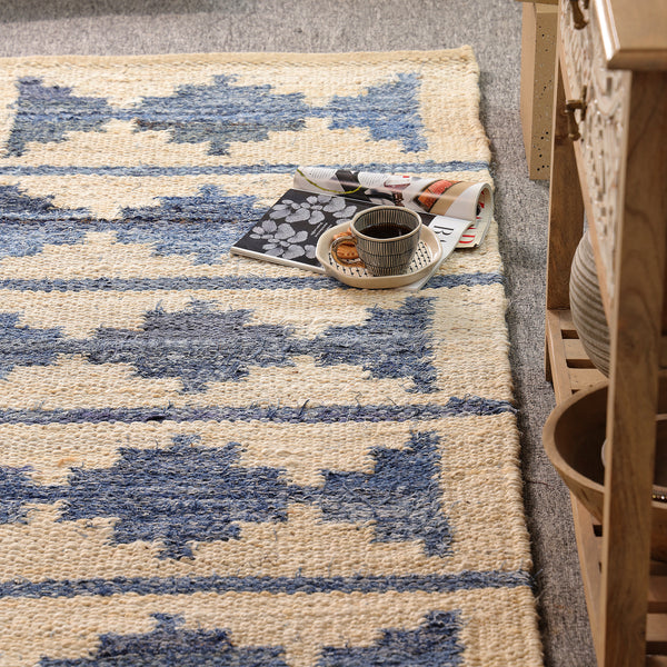 Blue & Ivory Handwoven Jute Rug | Modern Boho Area For Living Room