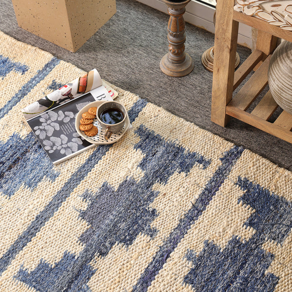 Blue & Ivory Handwoven Jute Rug | Modern Boho Area For Living Room
