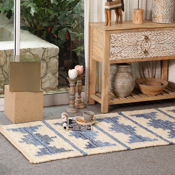Blue & Ivory Handwoven Jute Rug | Modern Boho Area For Living Room