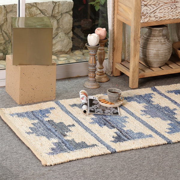 Blue & Ivory Handwoven Jute Rug | Modern Boho Area For Living Room