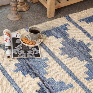 Blue & Ivory Handwoven Jute Rug | Modern Boho Area For Living Room