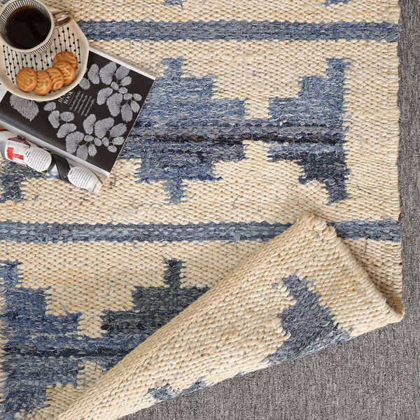 Blue & Ivory Handwoven Jute Rug | Modern Boho Area For Living Room