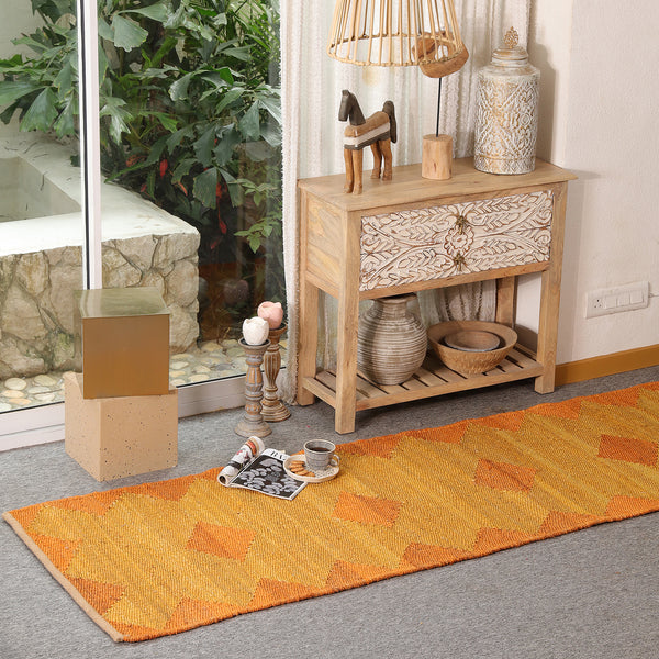 Handwoven Mustard Jute Runner Rug | Orange Geometric Hallway Carpet