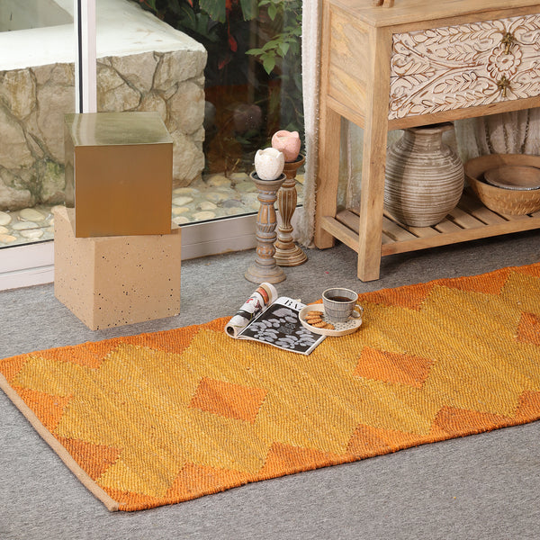 Handwoven Mustard Jute Runner Rug | Orange Geometric Hallway Carpet