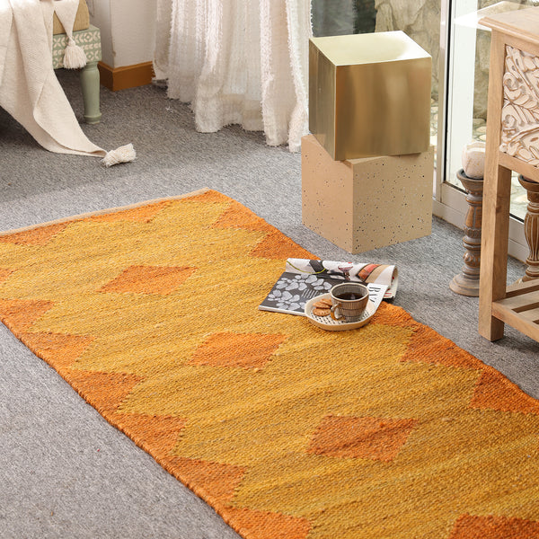 Handwoven Mustard Jute Runner Rug | Orange Geometric Hallway Carpet