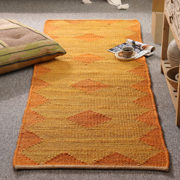 Handwoven Mustard Jute Runner Rug | Orange Geometric Hallway Carpet