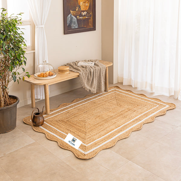 Handmade Natural Jute Rug with White Border Boho Scalloped Area Rug