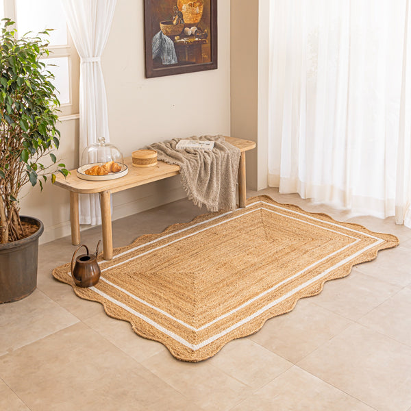 Handmade Natural Jute Rug with White Border Boho Scalloped Area Rug