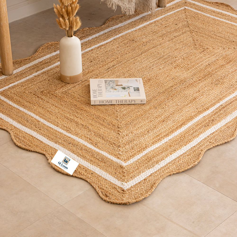 Handmade Natural Jute Rug with White Border Boho Scalloped Area Rug