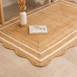 Handmade Natural Jute Rug with White Border Boho Scalloped Area Rug