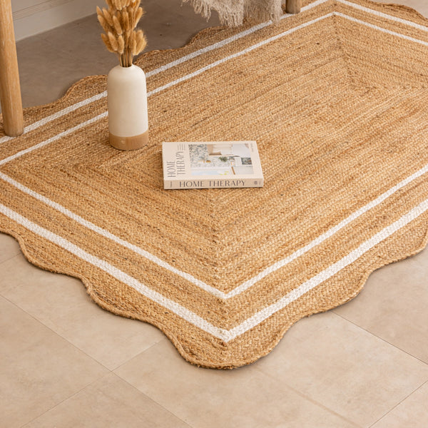 Handmade Natural Jute Rug with White Border Boho Scalloped Area Rug