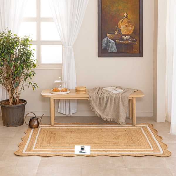 Handmade Natural Jute Rug with White Border Boho Scalloped Area Rug
