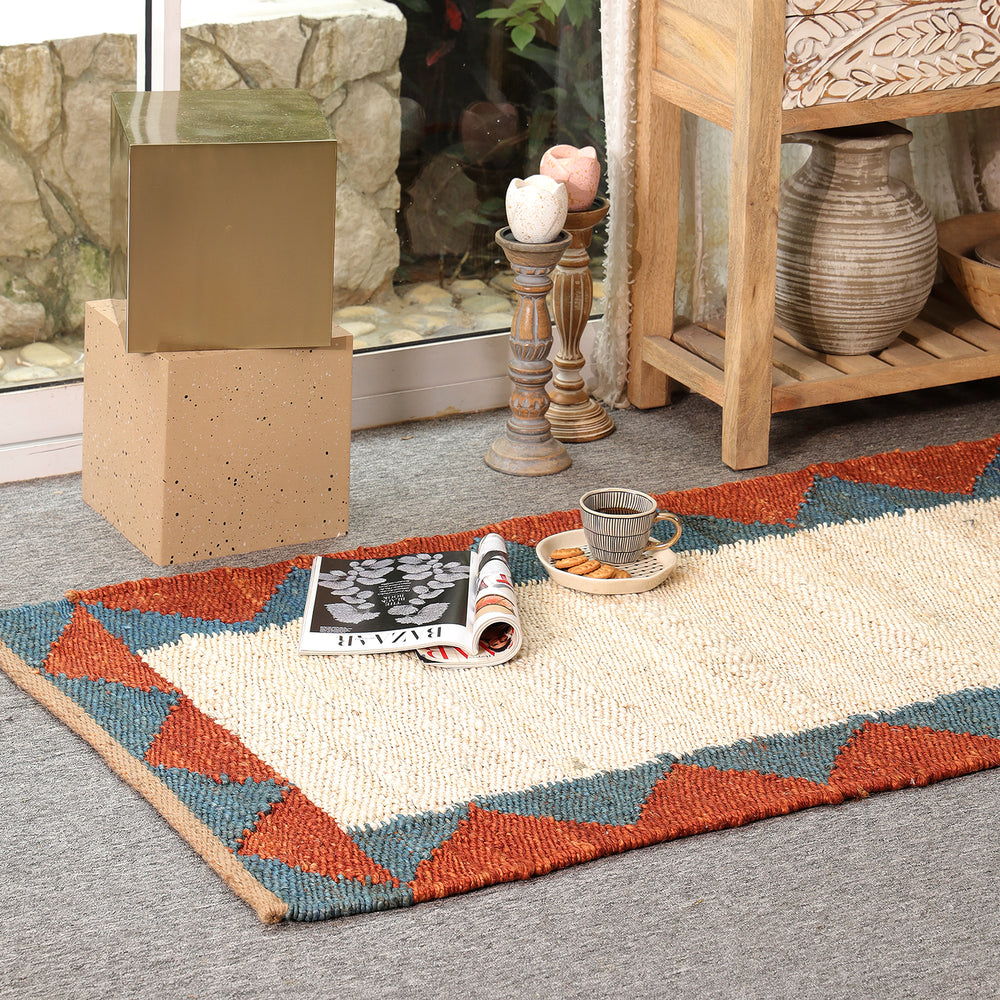 Handwoven Ivory Jute Runner Rug | Blue & Rust Geometric Hallway Carpet