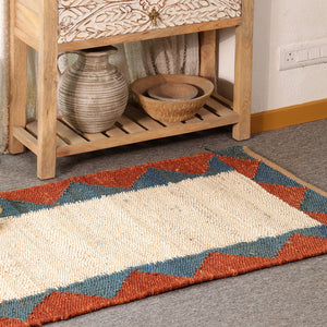 Handwoven Ivory Jute Runner Rug | Blue & Rust Geometric Hallway Carpet