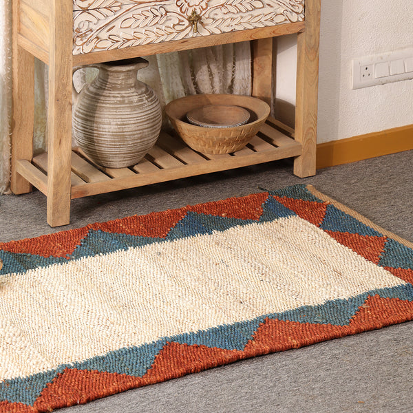 Handwoven Ivory Jute Runner Rug | Blue & Rust Geometric Hallway Carpet