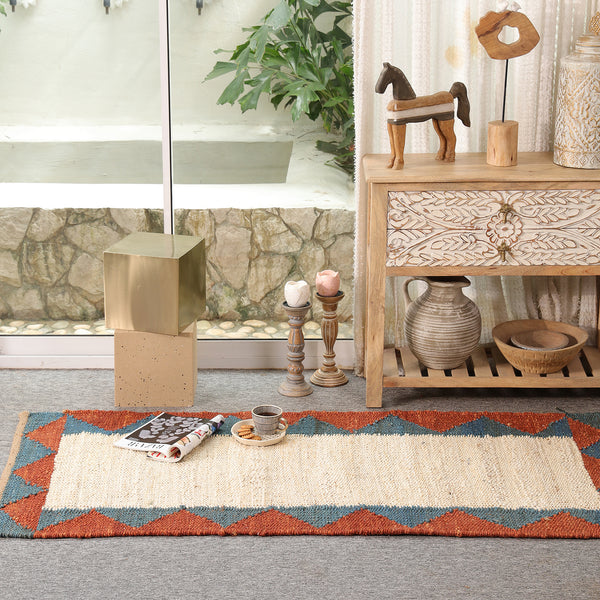Handwoven Ivory Jute Runner Rug | Blue & Rust Geometric Hallway Carpet