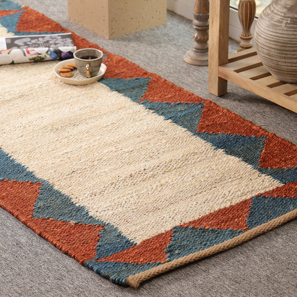 Handwoven Ivory Jute Runner Rug | Blue & Rust Geometric Hallway Carpet