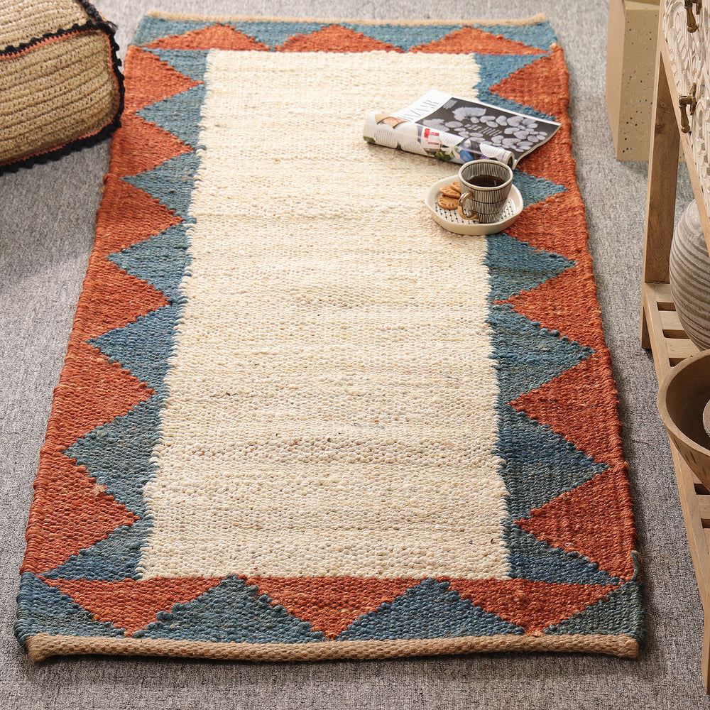 Handwoven Ivory Jute Runner Rug | Blue & Rust Geometric Hallway Carpet