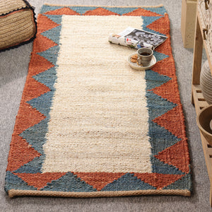 Handwoven Ivory Jute Runner Rug | Blue & Rust Geometric Hallway Carpet