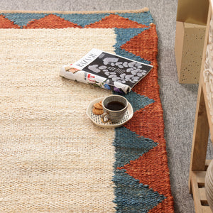 Handwoven Ivory Jute Runner Rug | Blue & Rust Geometric Hallway Carpet