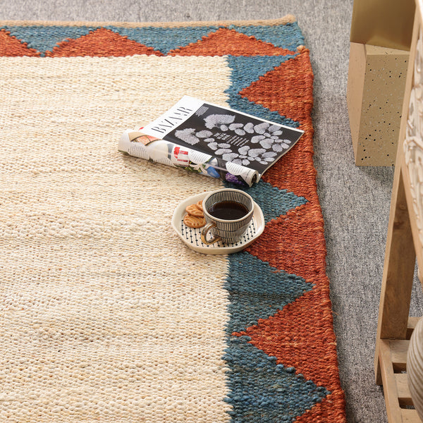 Handwoven Ivory Jute Runner Rug | Blue & Rust Geometric Hallway Carpet