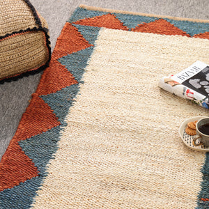 Handwoven Ivory Jute Runner Rug | Blue & Rust Geometric Hallway Carpet
