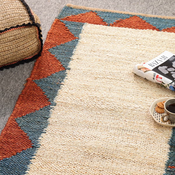 Handwoven Ivory Jute Runner Rug | Blue & Rust Geometric Hallway Carpet