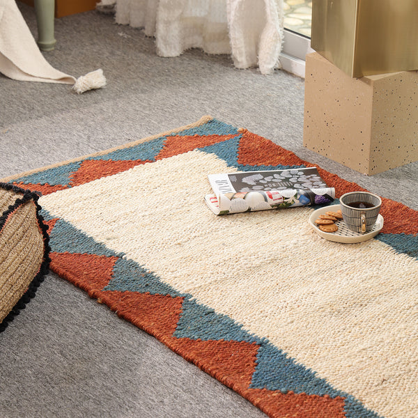 Handwoven Ivory Jute Runner Rug | Blue & Rust Geometric Hallway Carpet
