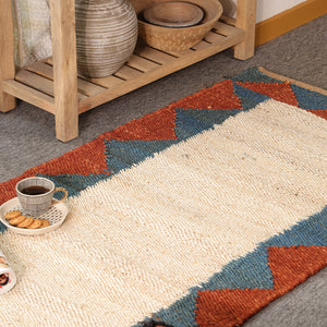 Handwoven Ivory Jute Runner Rug | Blue & Rust Geometric Hallway Carpet