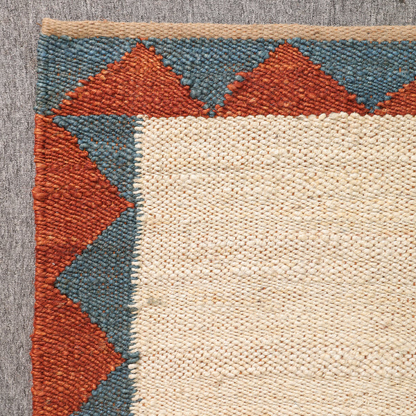 Handwoven Ivory Jute Runner Rug | Blue & Rust Geometric Hallway Carpet