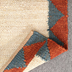 Handwoven Ivory Jute Runner Rug | Blue & Rust Geometric Hallway Carpet