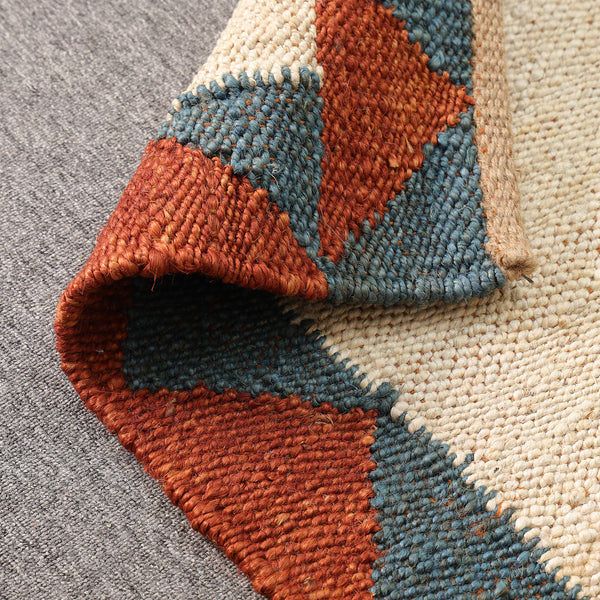 Handwoven Ivory Jute Runner Rug | Blue & Rust Geometric Hallway Carpet