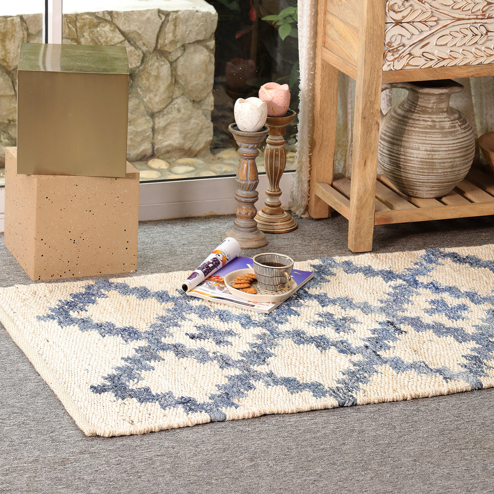 Handwoven Ivory & Blue Jute Runner Rug | Moroccan Geometric Boho Hallway Carpet