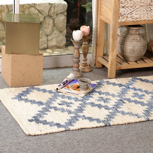 Handwoven Ivory & Blue Jute Runner Rug | Moroccan Geometric Boho Hallway Carpet