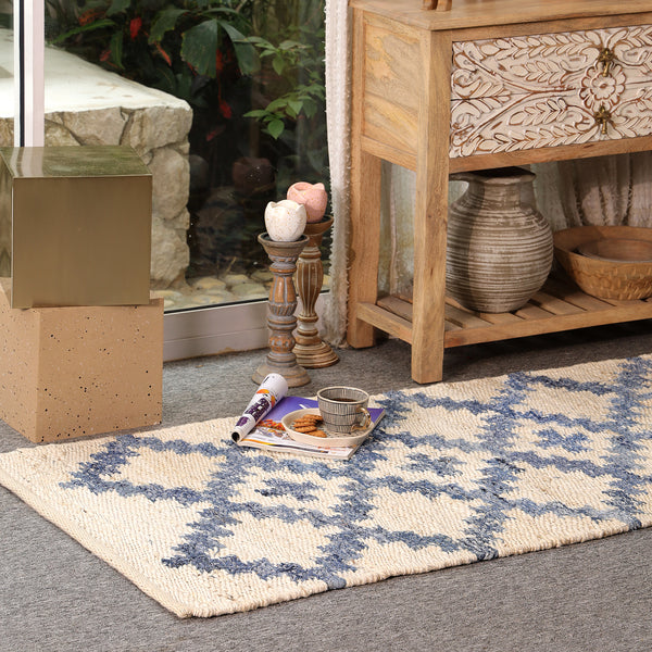 Handwoven Ivory & Blue Jute Runner Rug | Moroccan Geometric Boho Hallway Carpet