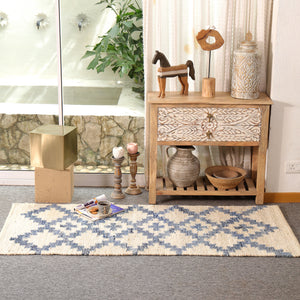 Handwoven Ivory & Blue Jute Runner Rug | Moroccan Geometric Boho Hallway Carpet