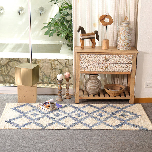 Handwoven Ivory & Blue Jute Runner Rug | Moroccan Geometric Boho Hallway Carpet