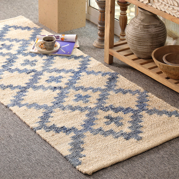 Handwoven Ivory & Blue Jute Runner Rug | Moroccan Geometric Boho Hallway Carpet