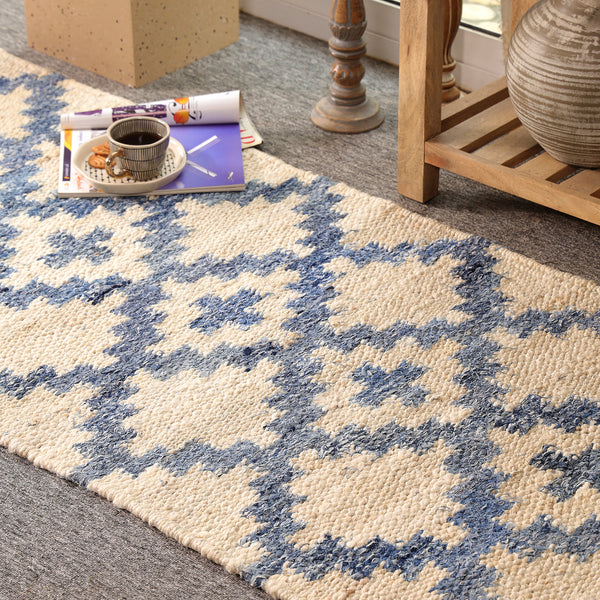 Handwoven Ivory & Blue Jute Runner Rug | Moroccan Geometric Boho Hallway Carpet