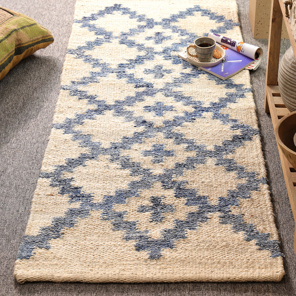 Handwoven Ivory & Blue Jute Runner Rug | Moroccan Geometric Boho Hallway Carpet