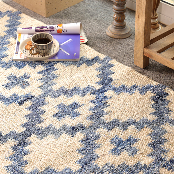 Handwoven Ivory & Blue Jute Runner Rug | Moroccan Geometric Boho Hallway Carpet