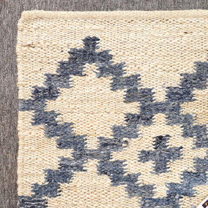 Handwoven Ivory & Blue Jute Runner Rug | Moroccan Geometric Boho Hallway Carpet